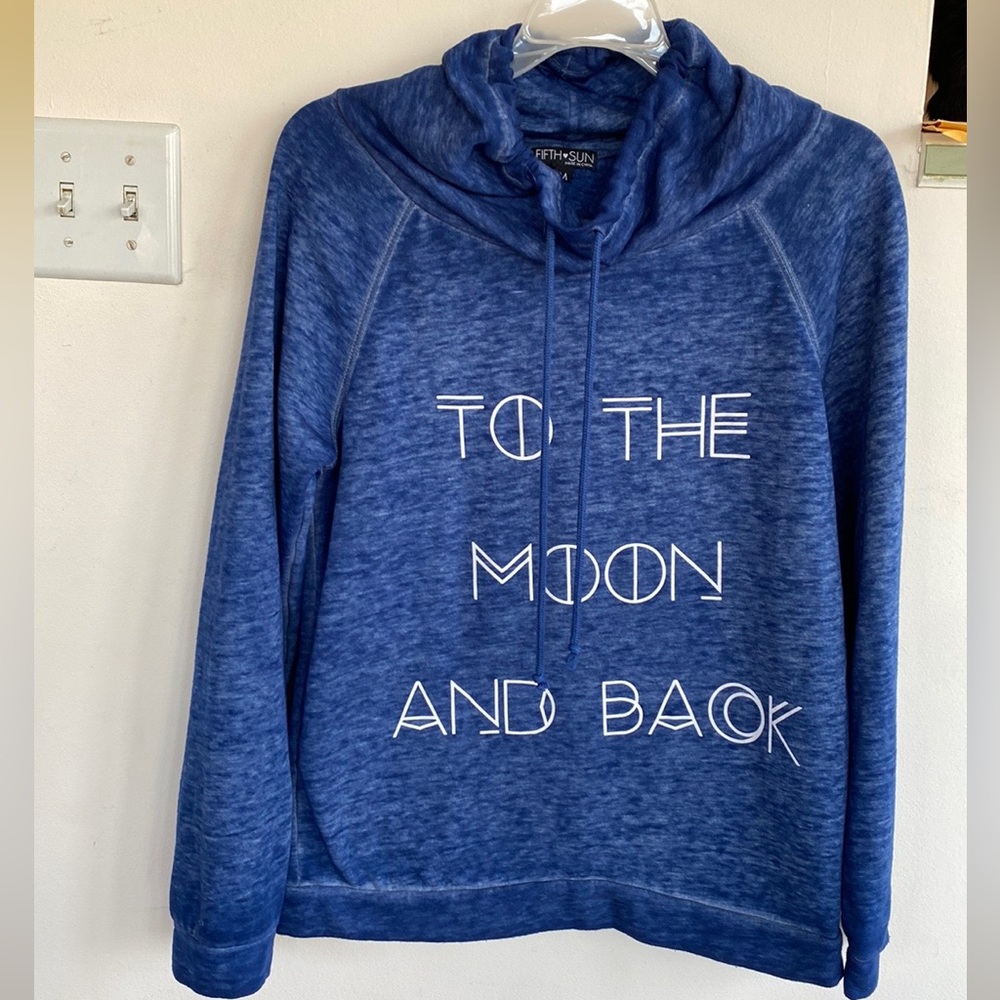 Fifth Sun Women M “To The Moon And Back” Blue/White Drawstring Cowl Neck Hoodie